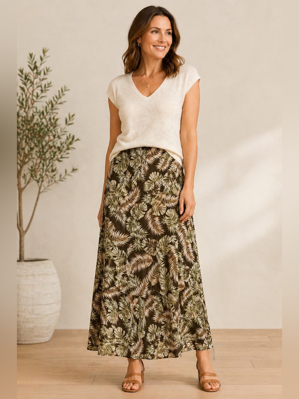 J. Jill Olive Tan Brown Palm Tree Tropical Leaf Maxi Skirt size Small Never Worn